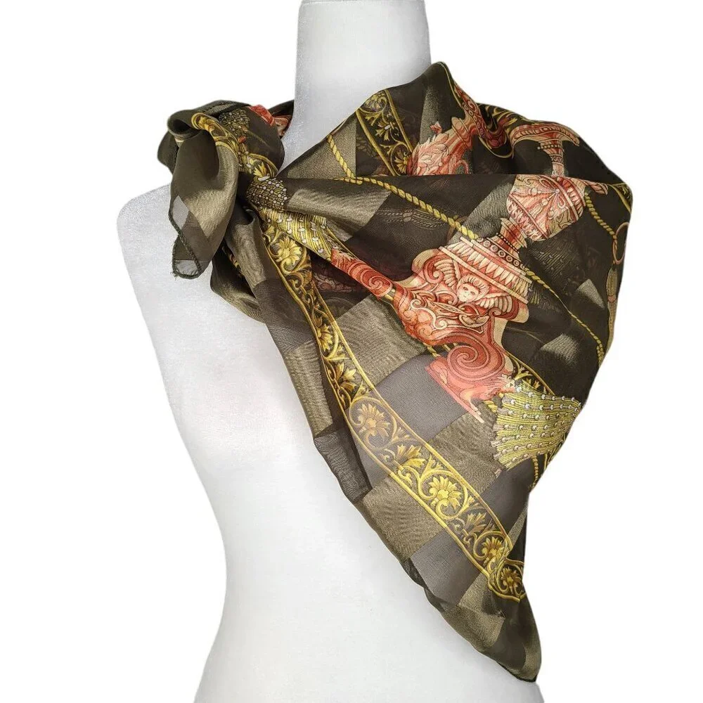 Women's Olive Green Gold Dome Ornate Luxury Chic Scarf Wrap 39.5 x 38